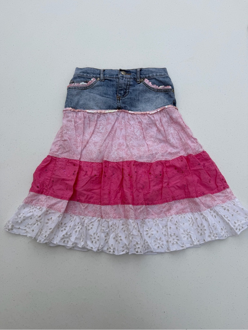 Candie's Denim Waist Pink Tiered Eyelet Skirt